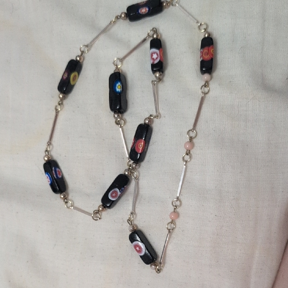 Black Beaded Necklace with Red and White Accents